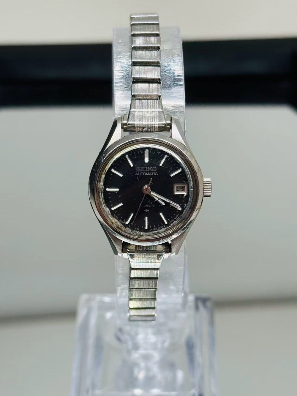 Vintage Seiko 17 Jewels Automatic Ladies Watch 2206-0420A Black Dial Japan